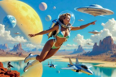 Blonde Astronaut Soaring Over Alien Desert