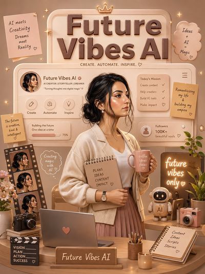 A confident creator stands in a cozy AI workspace bathed in golden light