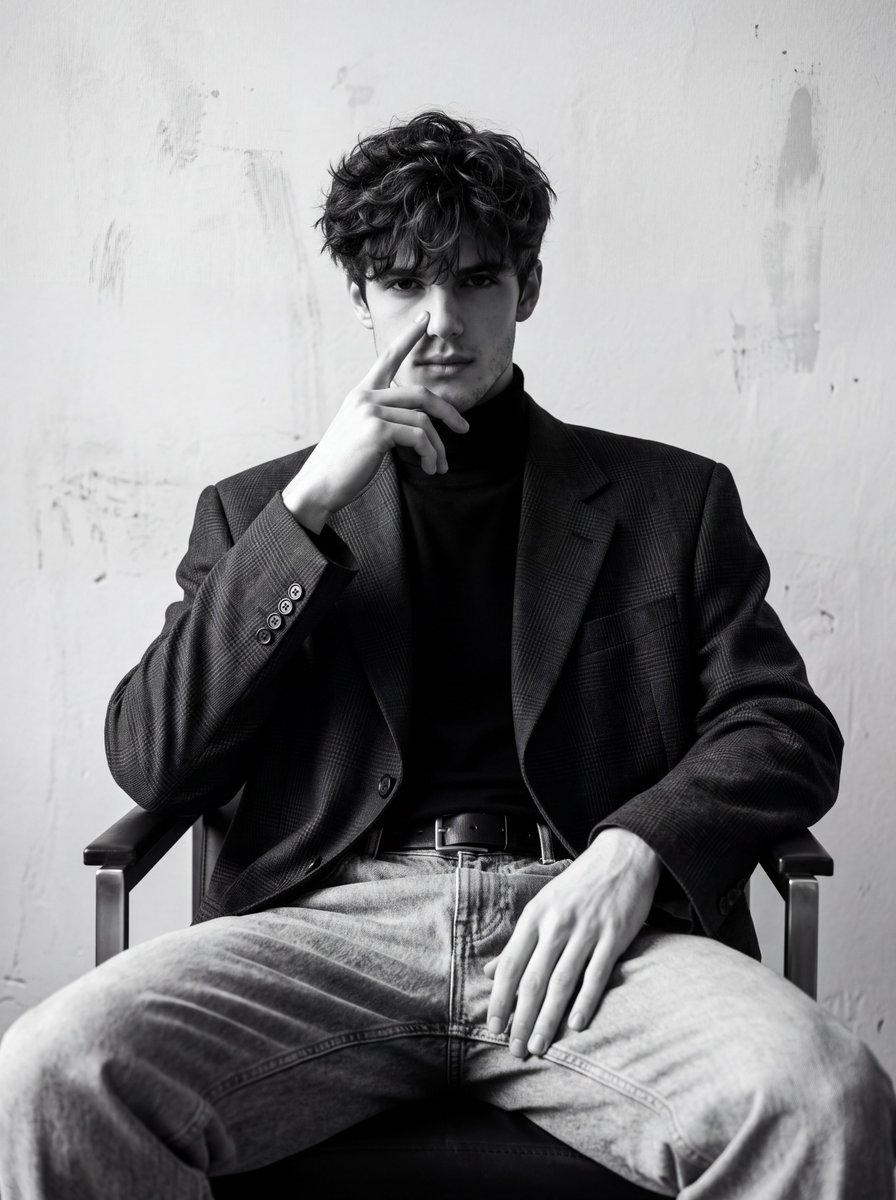 Curly-haired man in plaid blazer sits in dramatic monochrome portrait