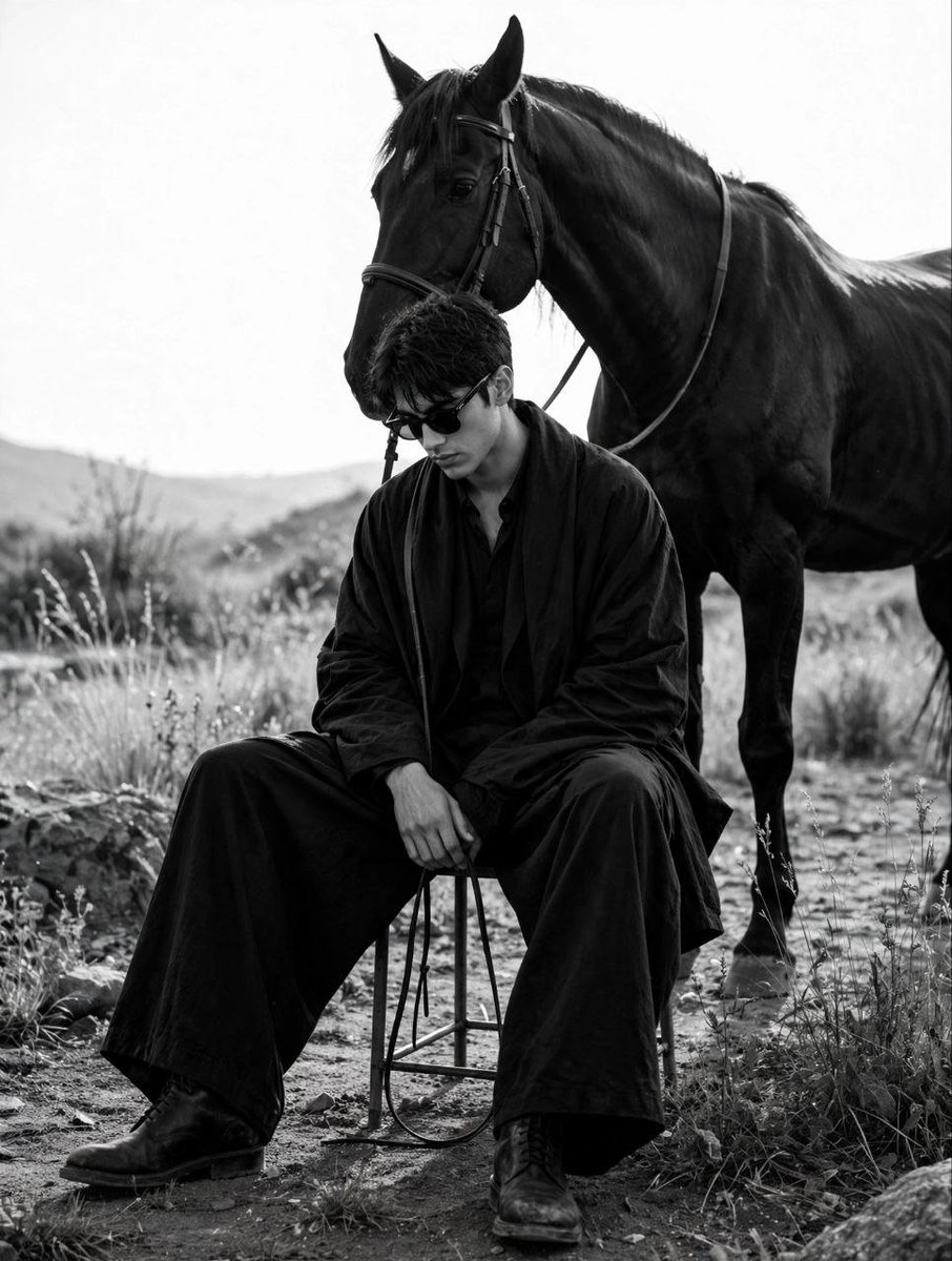 Stylish man sits on stool with black horse in countryside