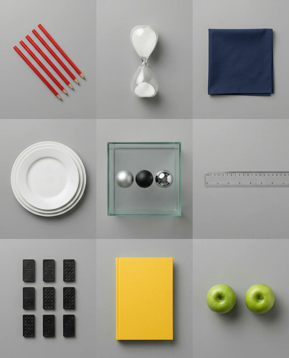 Perfect 3x3 Grid Still Life with Hyper-Precise Object Placement