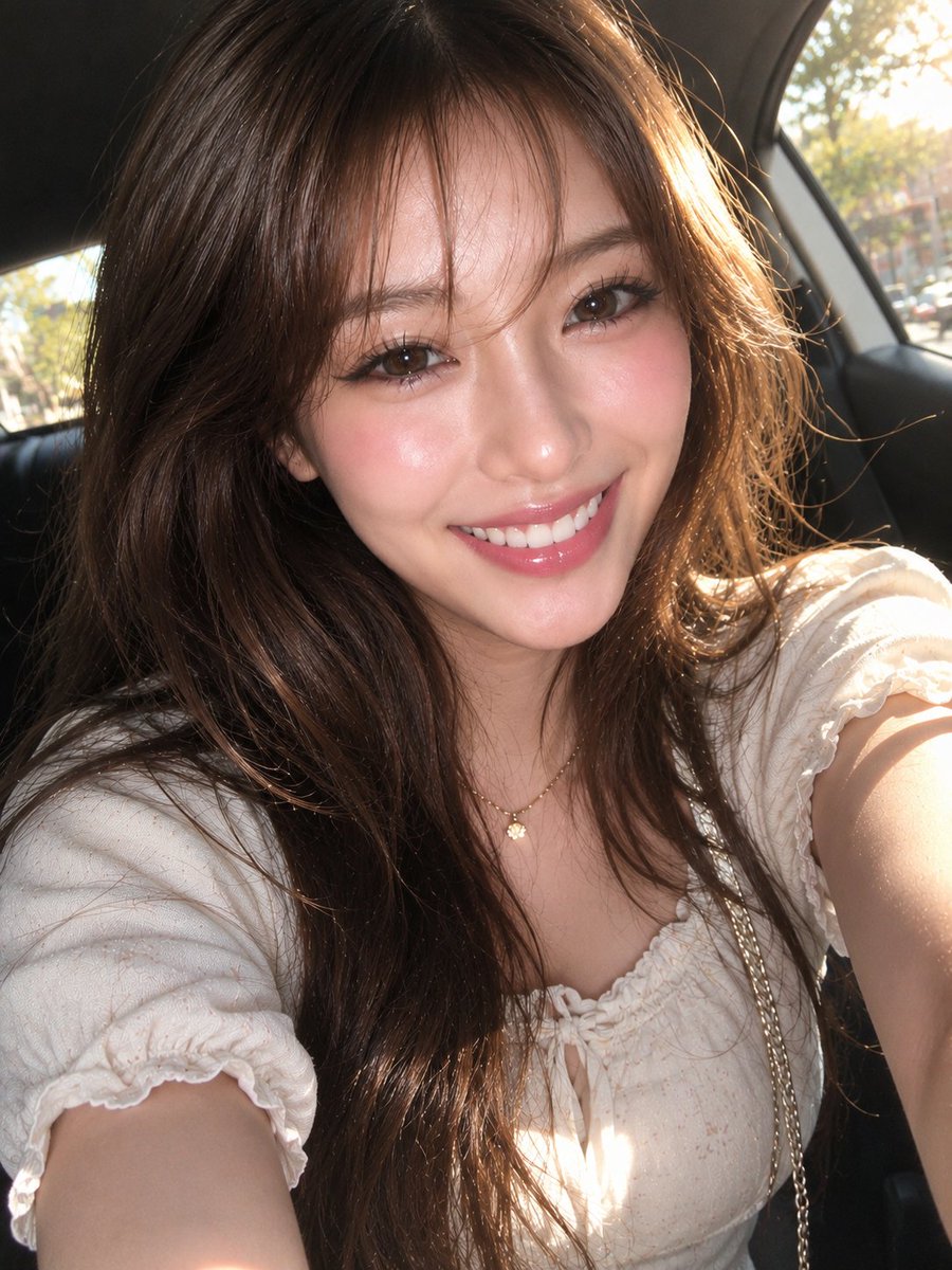 Young woman smiles in car during golden hour sunlight