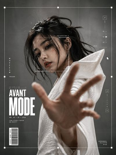 Confident woman in white couture reaches toward camera lens