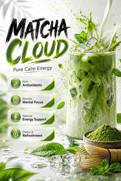 Japanese matcha latte glass with creamy swirl and luxury branding