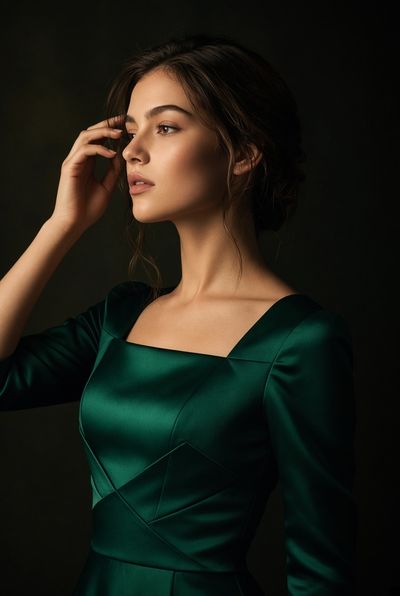 Elegant woman in emerald satin gown poses in chiaroscuro studio portrait