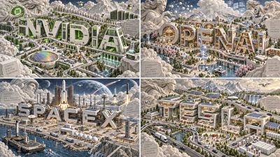Giant architectural letters form a miniature tech campus relief