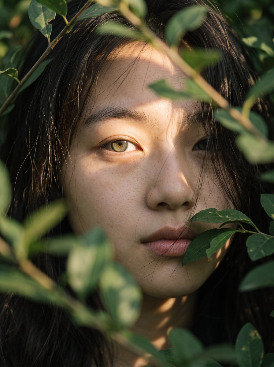 Sunlight Traps Her Face in a Green Foliage Cage