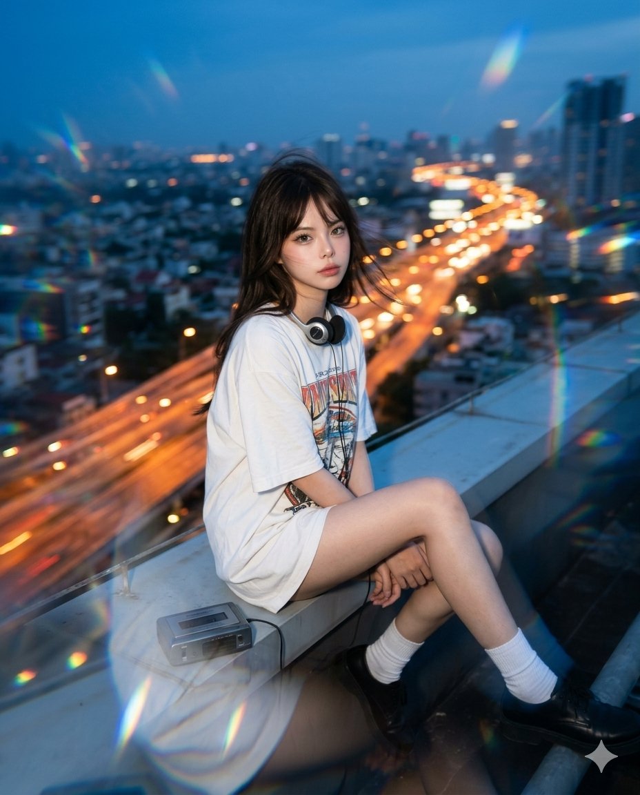 A woman sits on a rooftop edge while city lights blur below