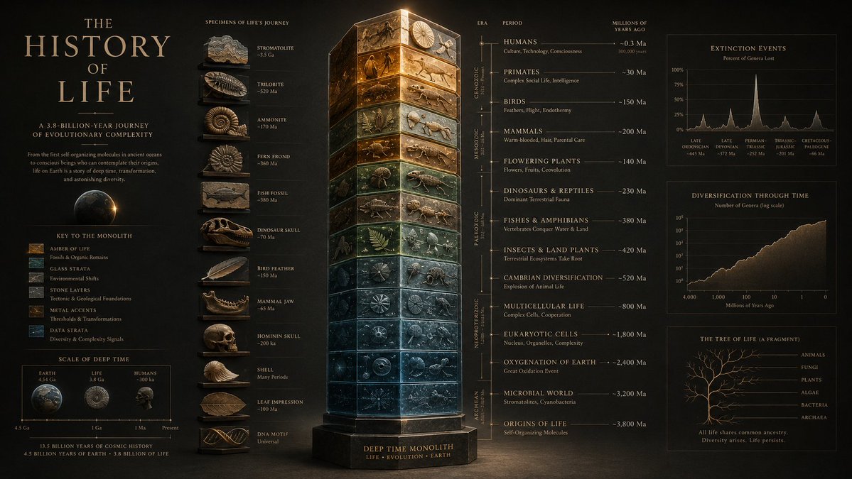 Layered glass monolith charts life's evolution across deep time