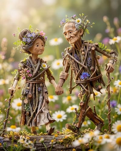 Elderly Twig Couple Walks Hand in Hand Through Wildflower Meadow