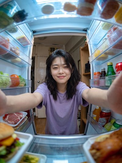 Woman reaches into glowing fridge for midnight snack with fisheye