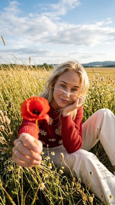 Golden hour portrait of blonde woman in wildflower meadow holding poppy