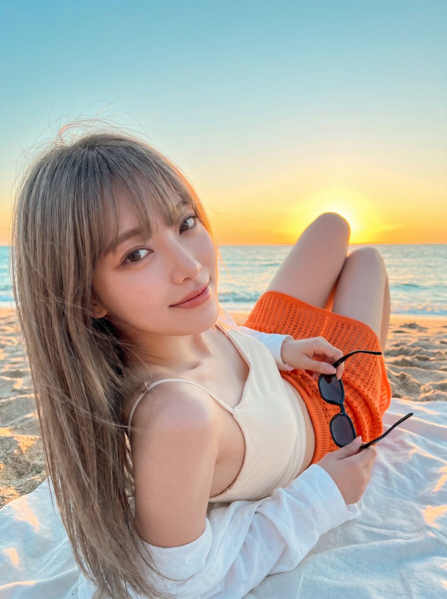 Golden hour casts warm light on her ocean breeze smile