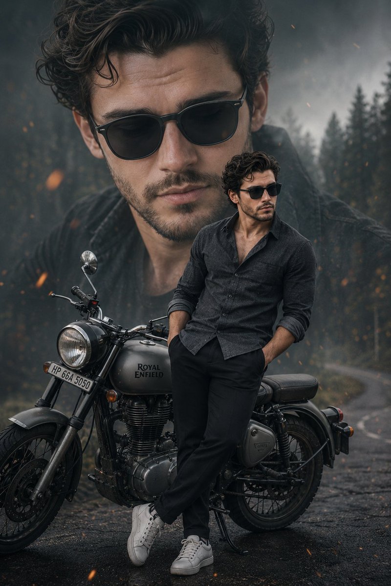 Man leans on Royal Enfield amid misty forest and floating embers