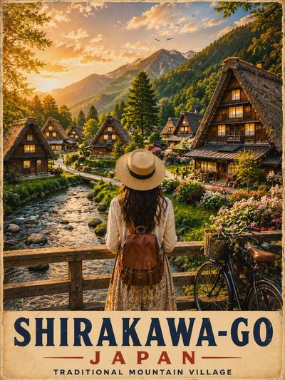 A young traveler pauses on a wooden bridge in Shirakawa-go.