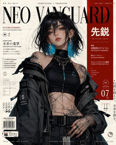 A futuristic woman in charcoal jacket poses for Neo Vanguard cover