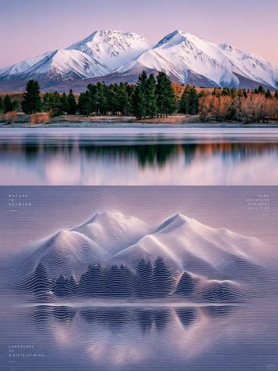 Towering Snowy Peaks Reflect Beneath Soft Pastel Pink and Lavender Sky