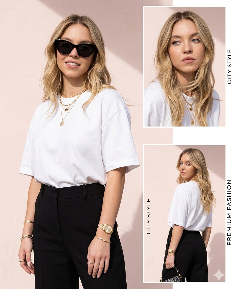 Curvy woman in white tee poses with trendy black sunglasses