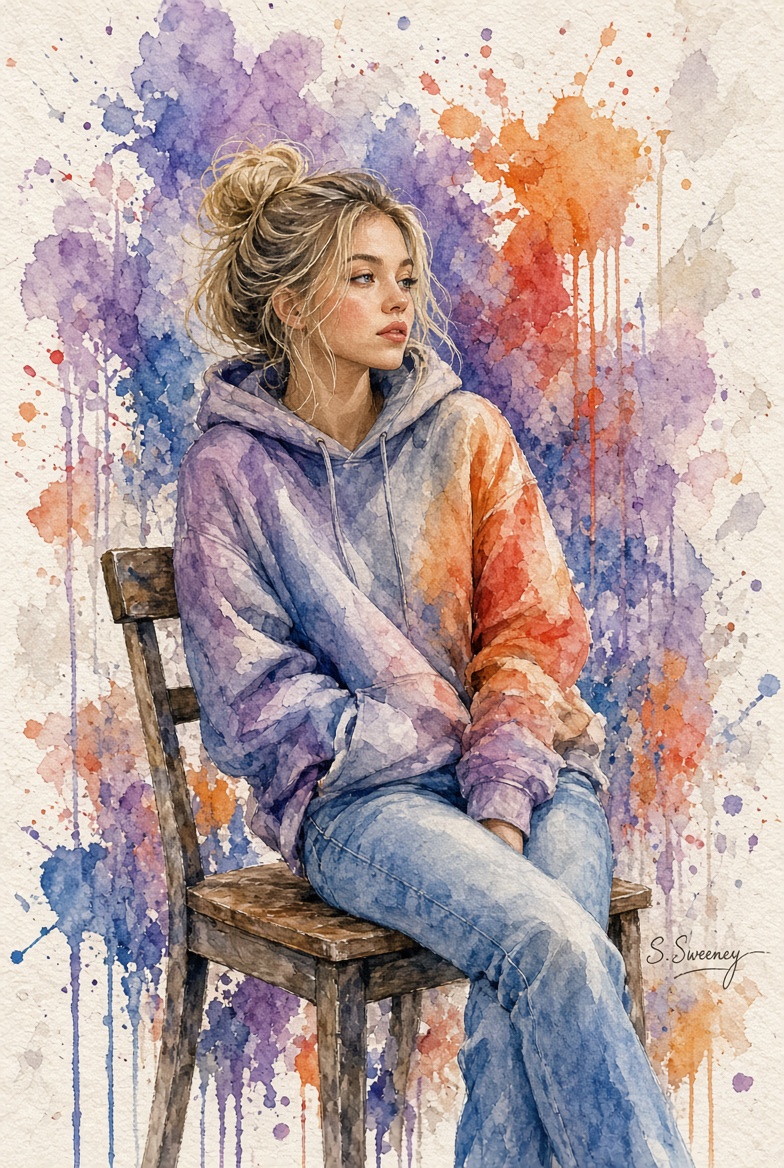 Watercolor portrait blends calm pose with vivid paint splashes ...