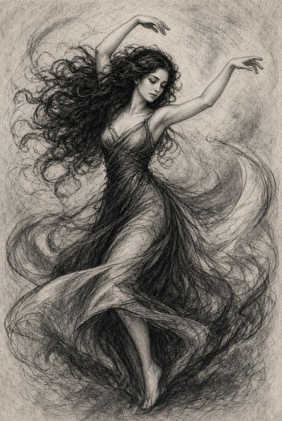 Graceful dancer's swirling charcoal dress merges with shadows in monochrome art