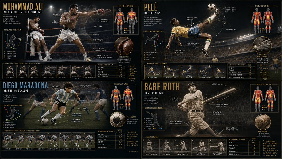 Grid of four GOAT athletes performing their signature moves in slow motion