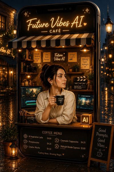 A giant smartphone café glows on a rainy street at midnight.
