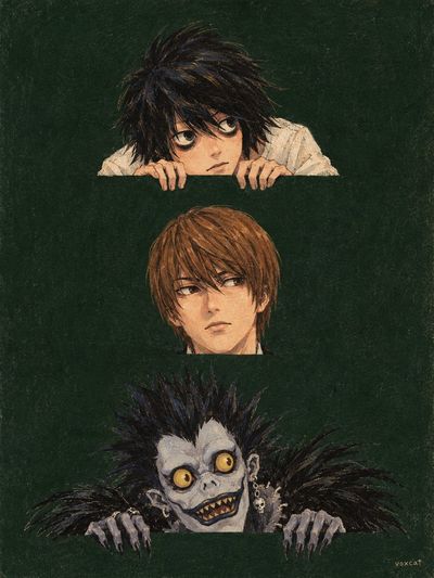 Three anime heads peek from a retro children's book cover