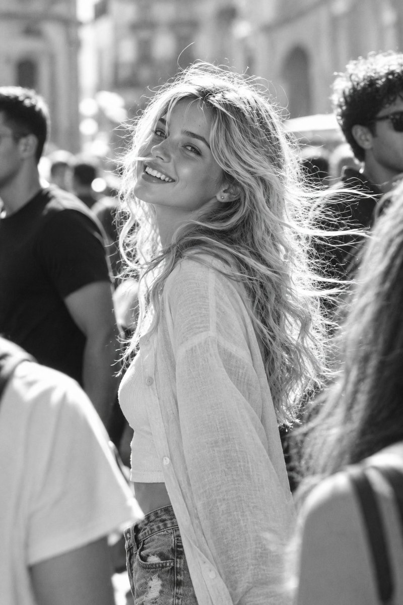 Laughing woman turns head in sunlit blurred street crowd