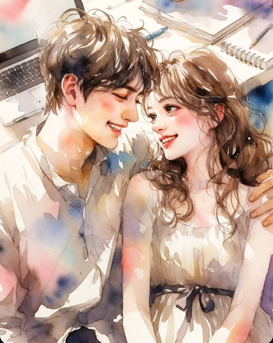 Couple shares tender moment during a watercolor study break
