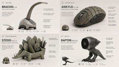 A desk lamp with a triceratops frill shade and adjustable neck