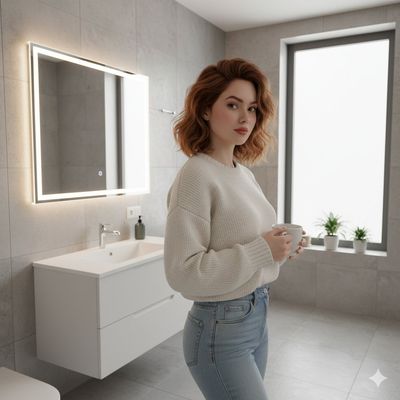 Hyper-Realistic Mirror Portrait in a Modern Bathroom