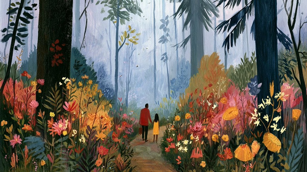 A lone traveler follows a winding path through an enchanted woodland