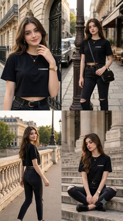 A young woman walks city streets in classic black outfit