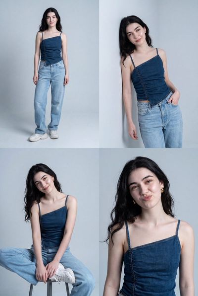 Model poses in four denim looks on a gray studio backdrop