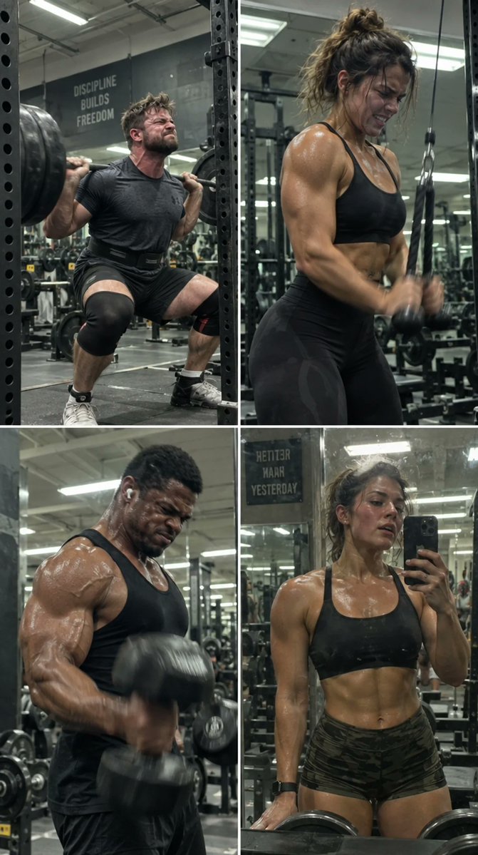 Determined athlete lifts heavy weights in gritty gym mirror shot