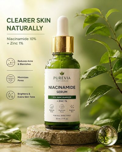 Emerald glass serum bottle glows on stone pedestal in golden sunlight