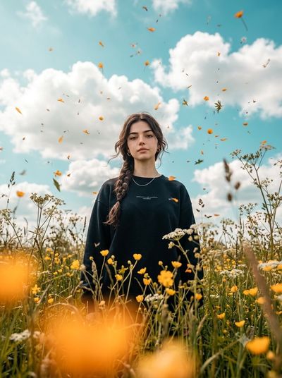 Young woman stands among wildflowers under a vast blue sky