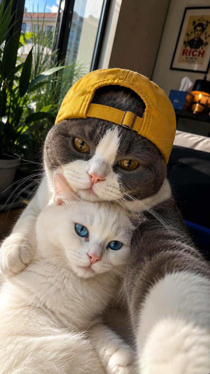 Confident British Shorthair cat takes a selfie with his fluffy girlfriend