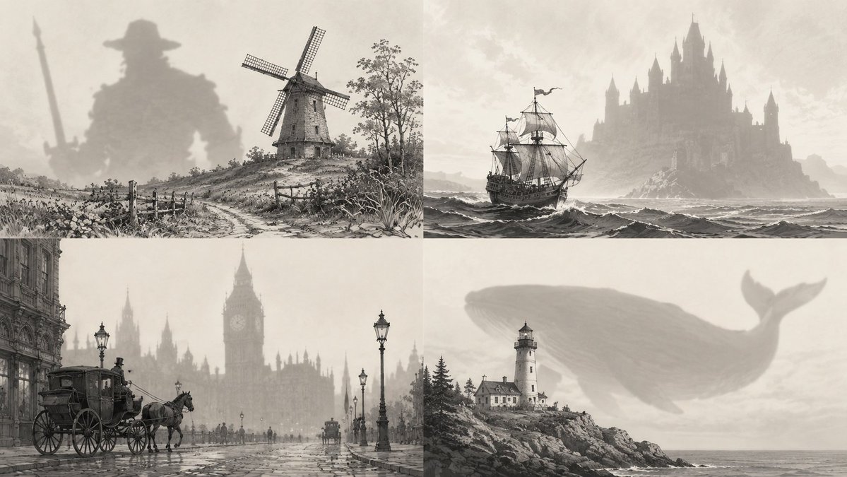 Classic novels merge as a 2x2 grid of layered textures and silhouettes