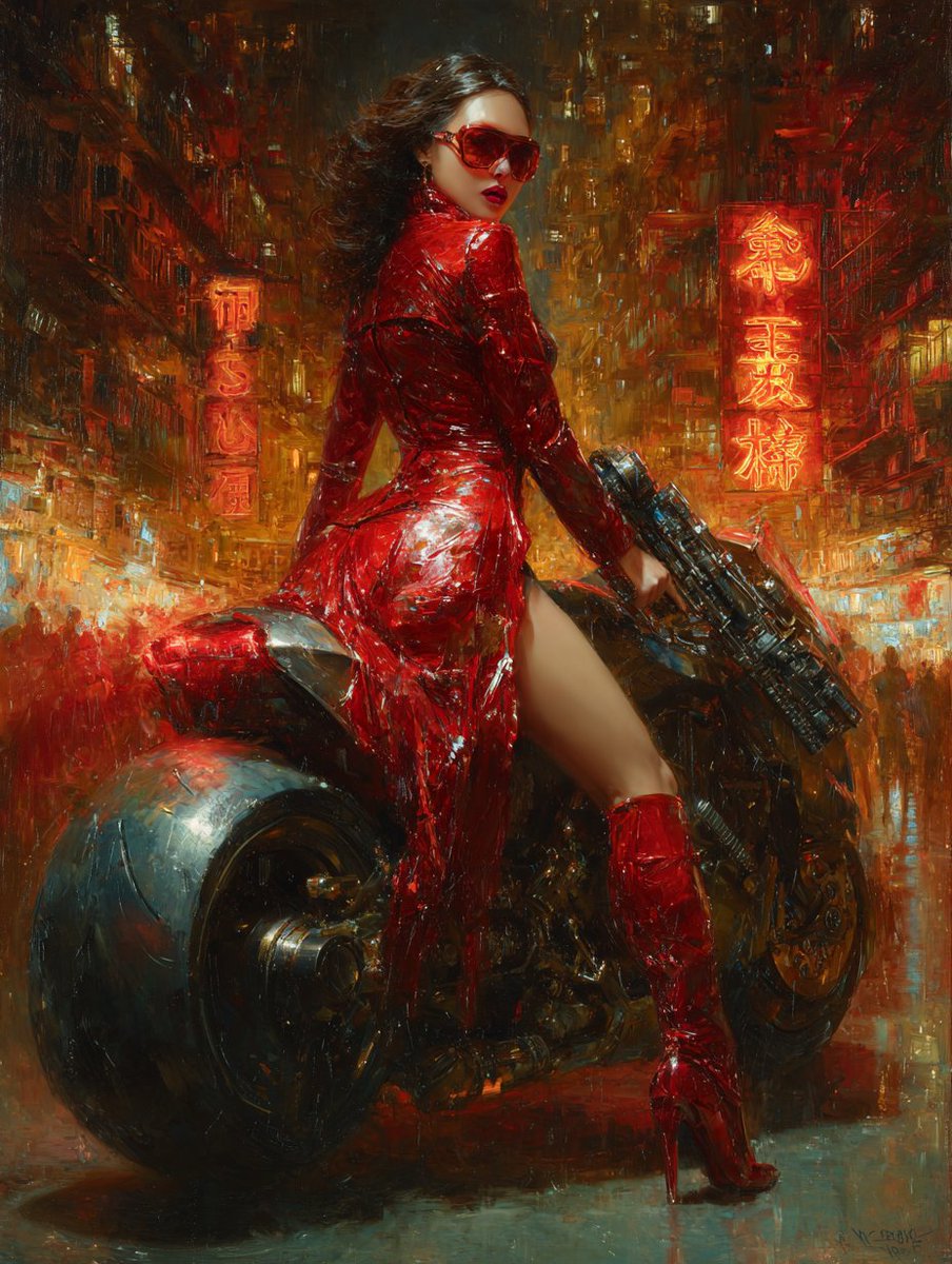 Red latex rider glances back on rain-slicked neon street