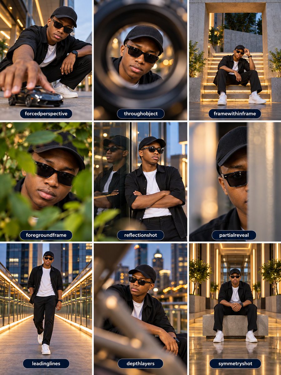 A stylish Black man poses in nine cinematic editorial frames with luxury styling