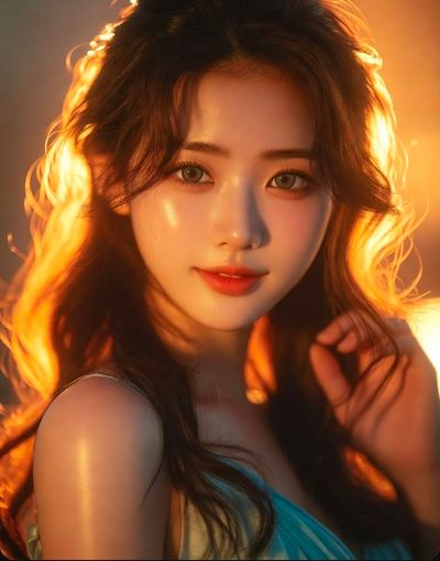 Golden hour light illuminates a woman's serene ethereal beauty