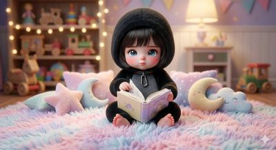 Chibi Girl in Penguin Onesie Tossing Plush Toys Amid Cozy Playroom