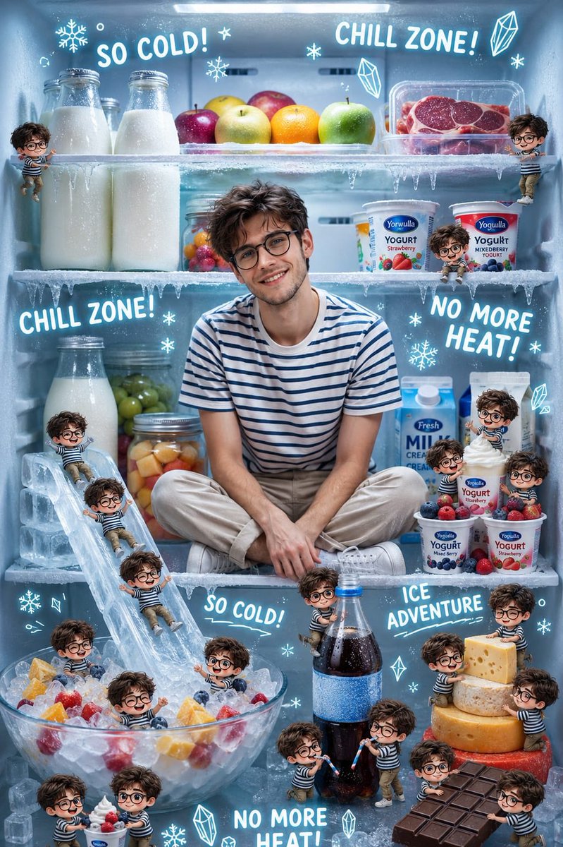 A cheerful boy explores a frosty refrigerator wonderland filled with tiny clones