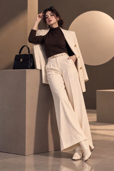 Stylish woman leans on stone pedestal in warm luxury studio