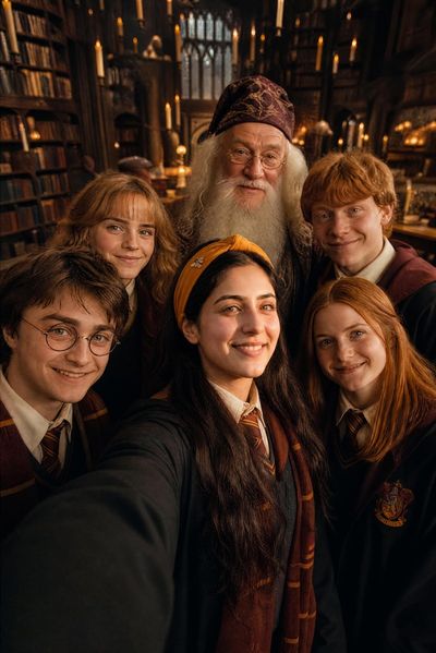A young woman takes a magical selfie with Harry Potter in Hogwarts library