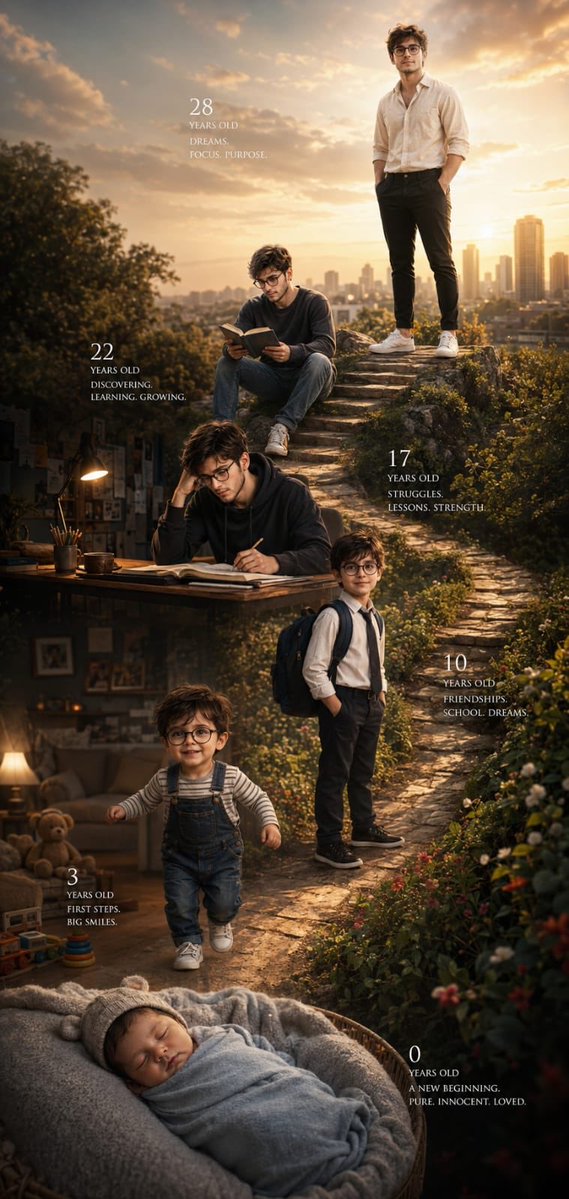 A man's journey through life stages on a winding stone path
