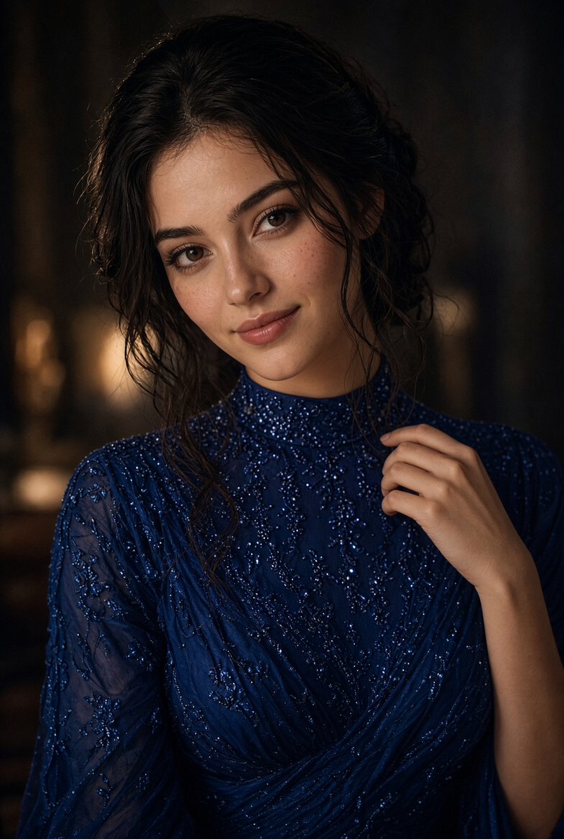 Radiant Woman in Deep Blue Sequined Gown Smiles Softly