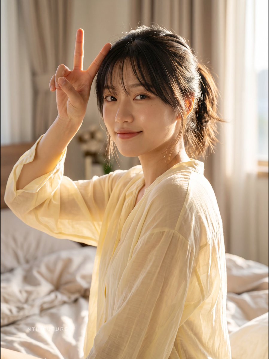 Playful Vietnamese woman in pale yellow shirt smiles in sunlit bedroom