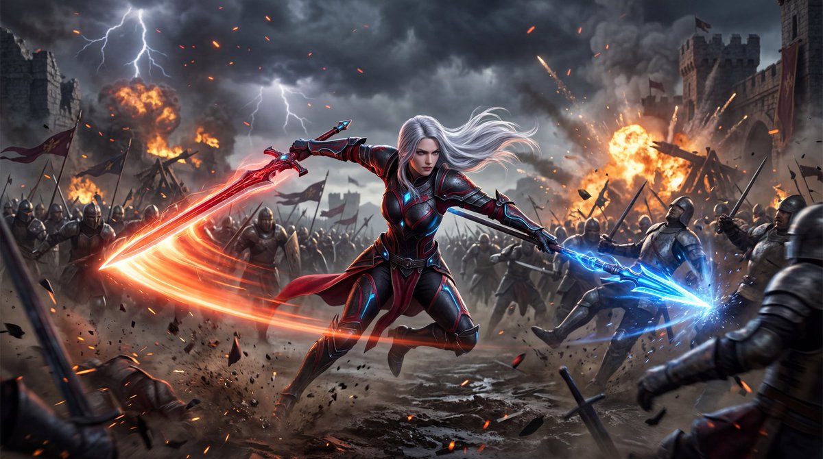 Jo stands on a rocky battlefield with glowing armor and weapons